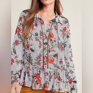Maeve Anthropologie Janie flounce hem black polka dot floral blouse sz 0